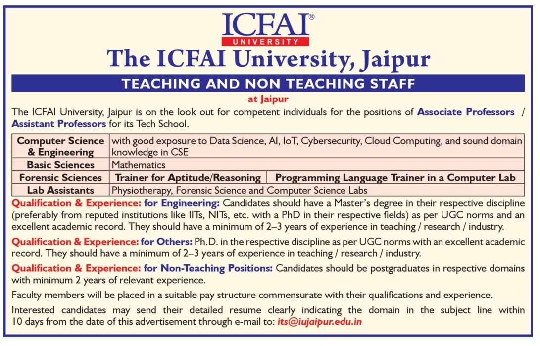 ICFAI University Jaipur Teaching Non Teaching Faculty Recruitment 2024